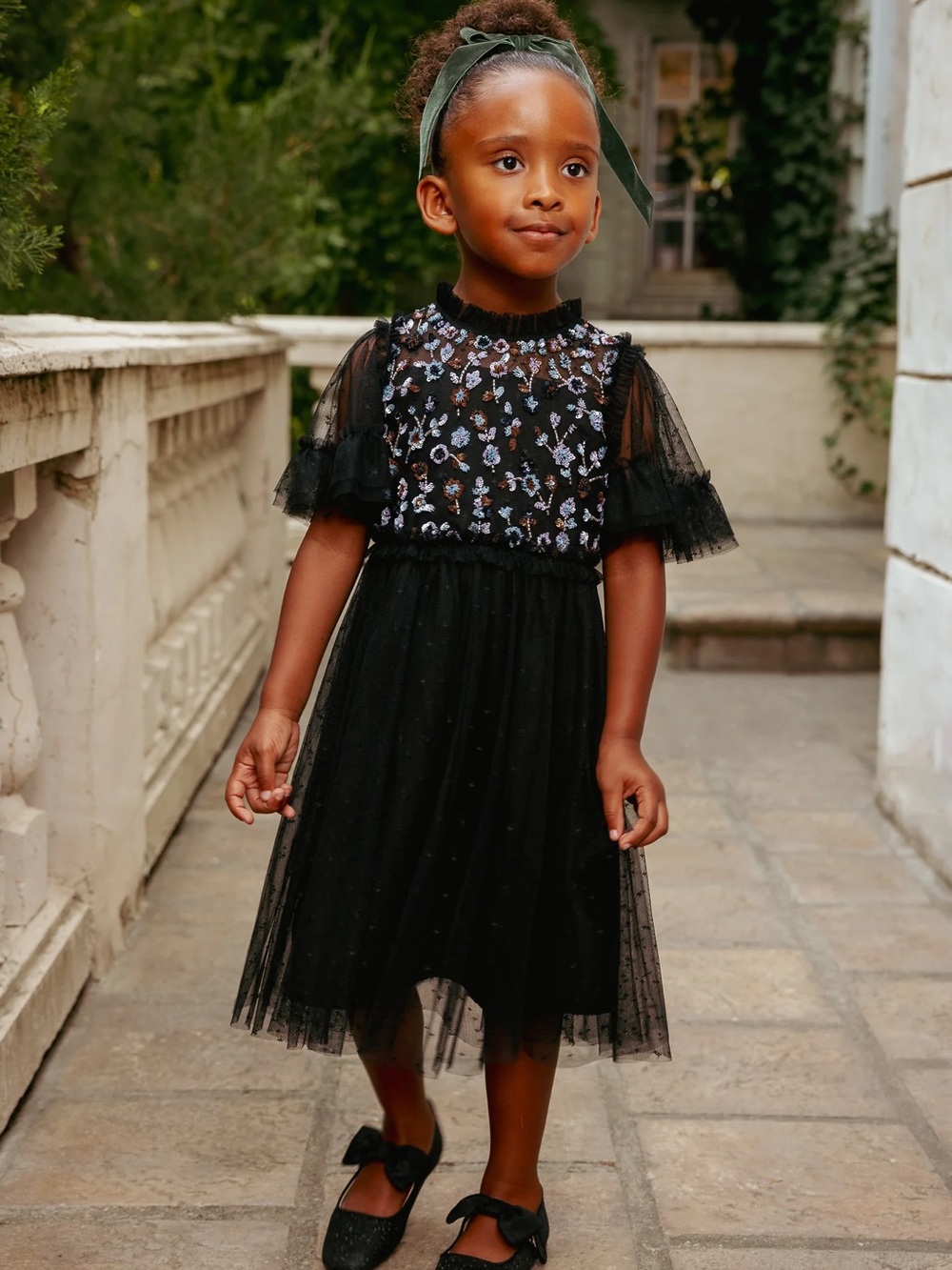 Ivy City Co Black Dress with Pink Floral Embroidery